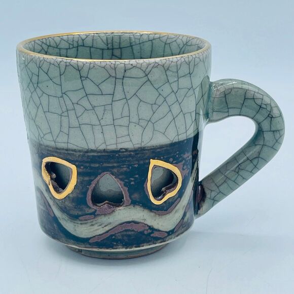 Made in Japan Two Wall Gold Trimmed Mug Samayaki Tea Cup Soma Ware Crackle Glaze - Picture 1 of 7